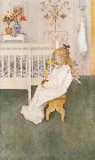 Carl Larsson Lisbeth in her night Dress with a yellow tulip painting